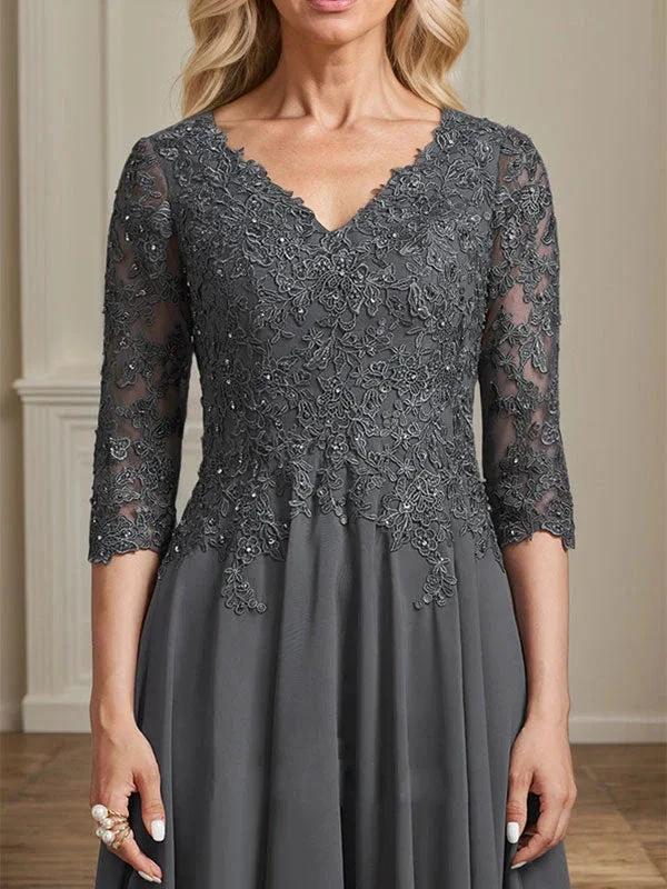A-line V-Neck Tea-Length Chiffon Lace Mother of the Bride Dress With Beading Sequins - Image 6