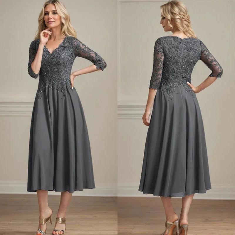 A-line V-Neck Tea-Length Chiffon Lace Mother of the Bride Dress With Beading Sequins - Image 7