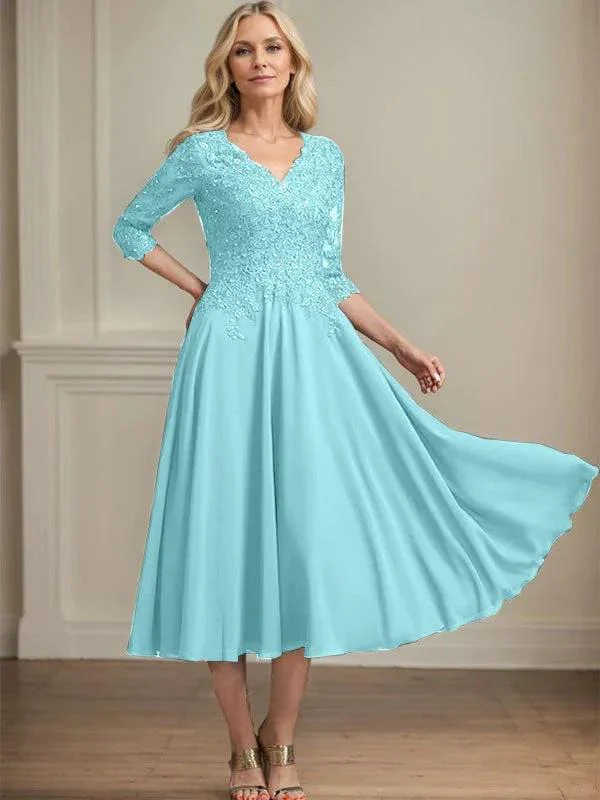 A-line V-Neck Tea-Length Chiffon Lace Mother of the Bride Dress With Beading Sequins - Image 8