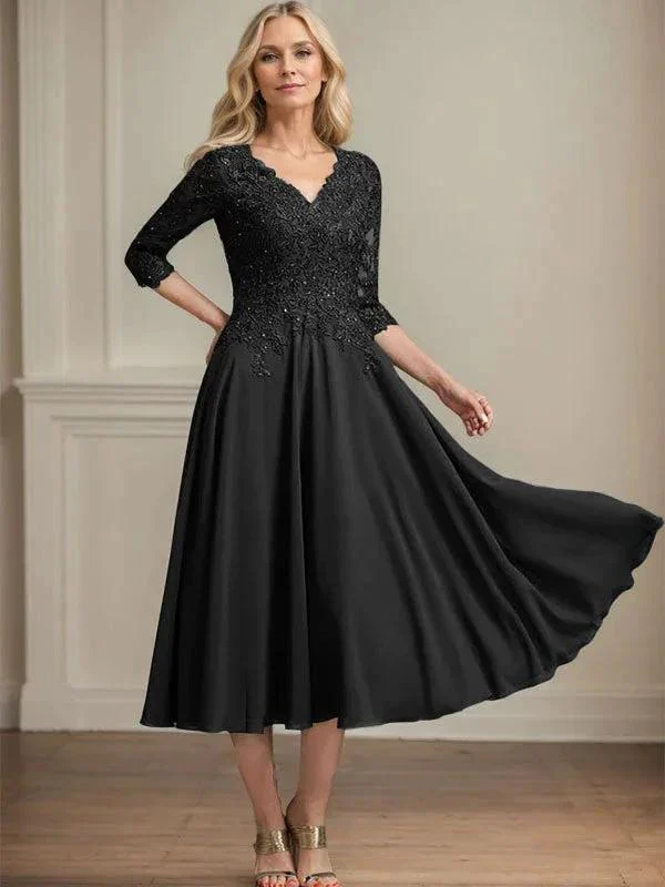 A-line V-Neck Tea-Length Chiffon Lace Mother of the Bride Dress With Beading Sequins - Image 9
