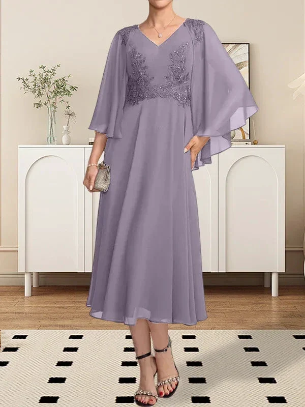 A-line V-Neck Tea-Length Chiffon Lace Mother of the Bride Dress With Beading Sequins - Image 10
