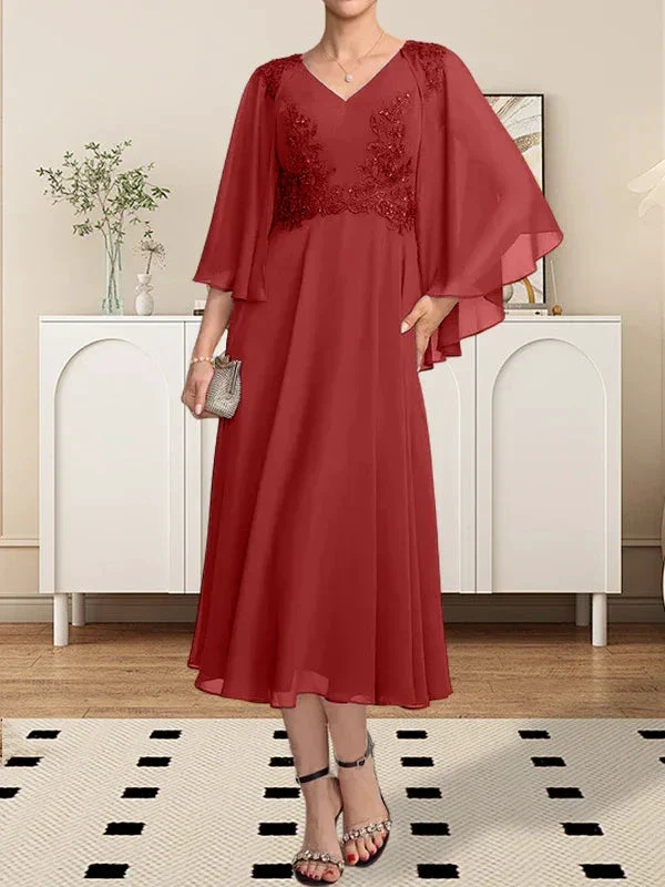 A-line V-Neck Tea-Length Chiffon Lace Mother of the Bride Dress With Beading Sequins - Image 11