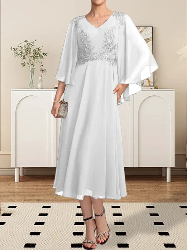 A-line V-Neck Tea-Length Chiffon Lace Mother of the Bride Dress With Beading Sequins - Image 12