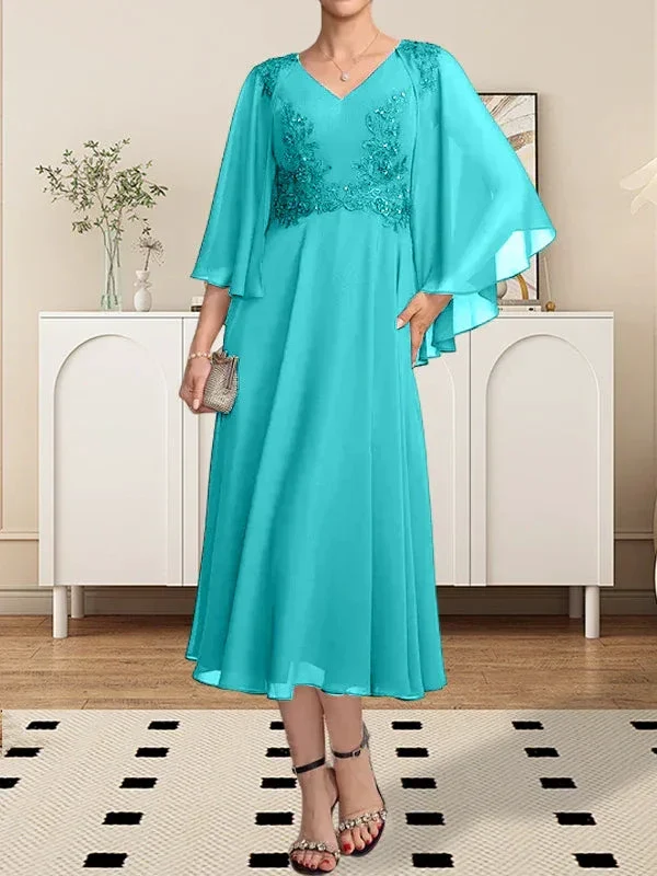 A-line V-Neck Tea-Length Chiffon Lace Mother of the Bride Dress With Beading Sequins - Image 13