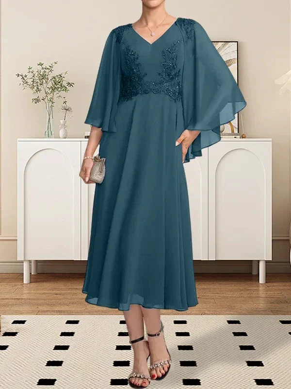 A-line V-Neck Tea-Length Chiffon Lace Mother of the Bride Dress With Beading Sequins - Image 14