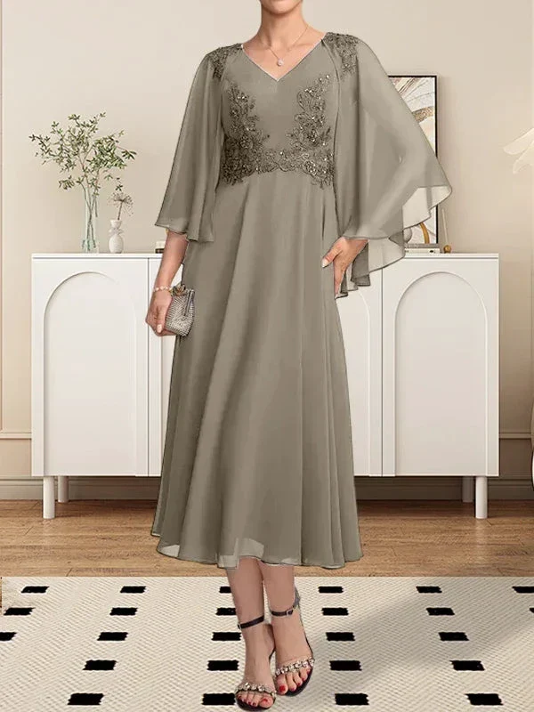 A-line V-Neck Tea-Length Chiffon Lace Mother of the Bride Dress With Beading Sequins - Image 15