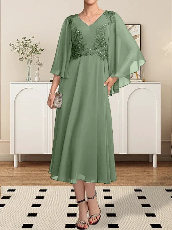A-line V-Neck Tea-Length Chiffon Lace Mother of the Bride Dress With Beading Sequins - Image 16