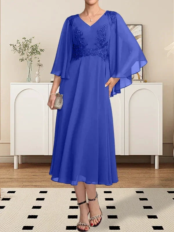 A-line V-Neck Tea-Length Chiffon Lace Mother of the Bride Dress With Beading Sequins - Image 18