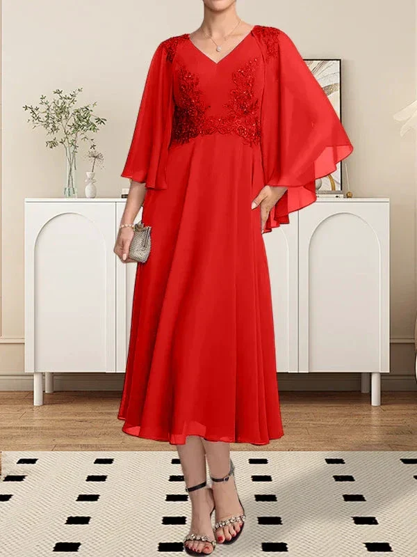 A-line V-Neck Tea-Length Chiffon Lace Mother of the Bride Dress With Beading Sequins - Image 19