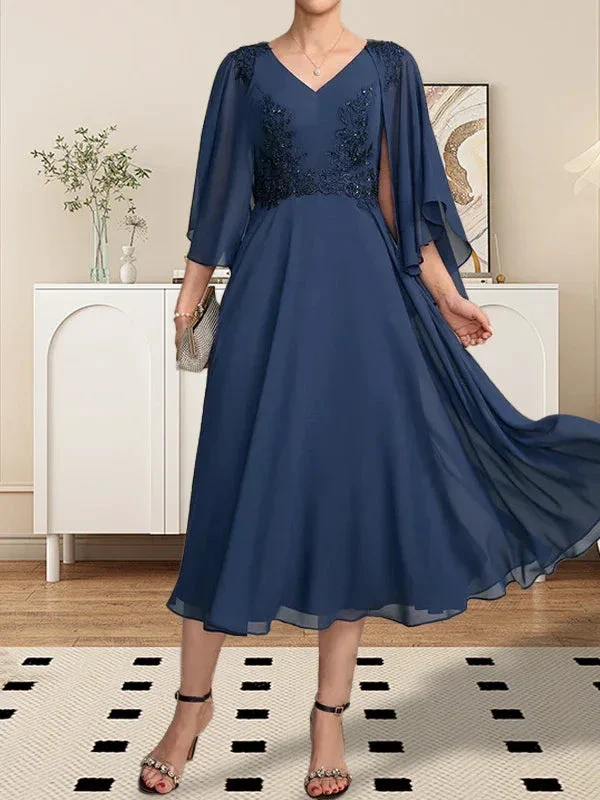 A-line V-Neck Tea-Length Chiffon Lace Mother of the Bride Dress With Beading Sequins - Image 2