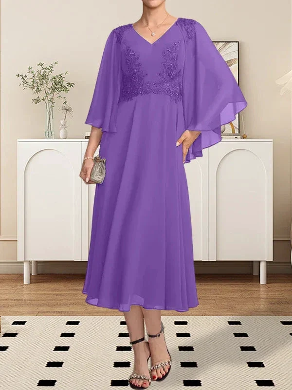 A-line V-Neck Tea-Length Chiffon Lace Mother of the Bride Dress With Beading Sequins - Image 20