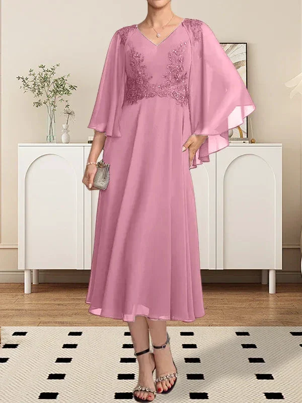 A-line V-Neck Tea-Length Chiffon Lace Mother of the Bride Dress With Beading Sequins - Image 21