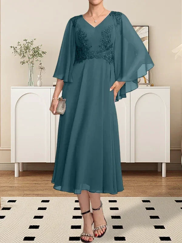 A-line V-Neck Tea-Length Chiffon Lace Mother of the Bride Dress With Beading Sequins - Image 22