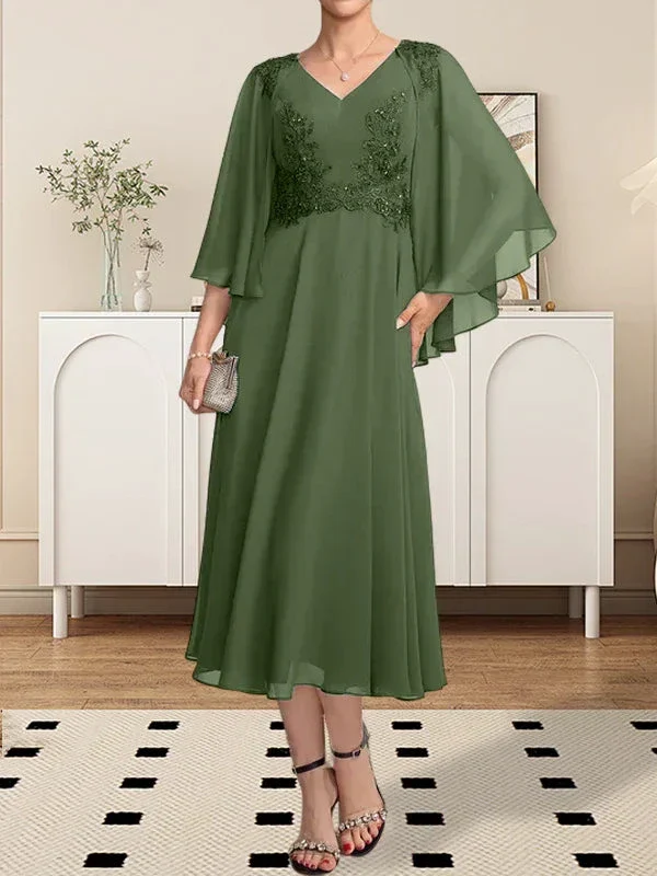 A-line V-Neck Tea-Length Chiffon Lace Mother of the Bride Dress With Beading Sequins - Image 24