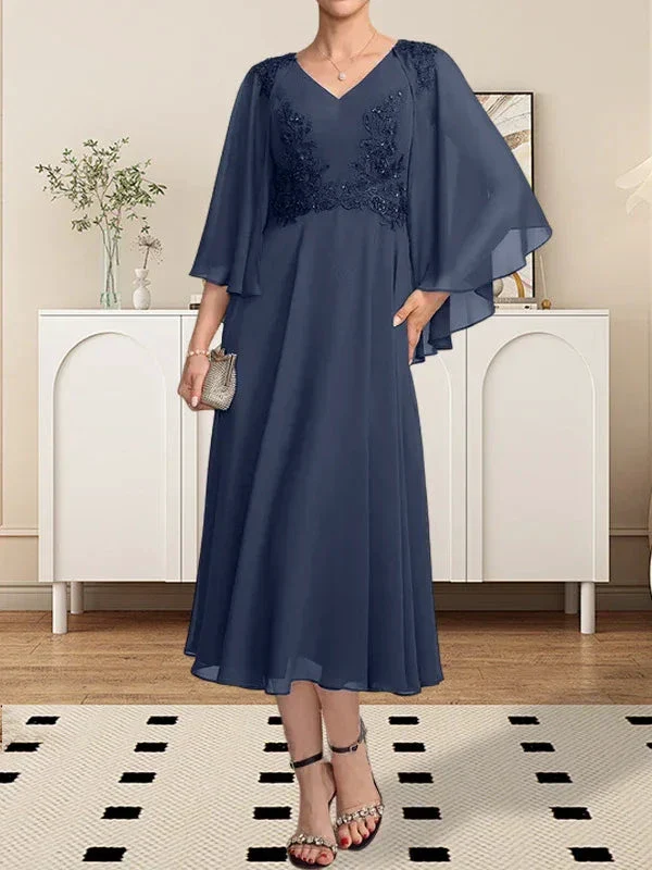 A-line V-Neck Tea-Length Chiffon Lace Mother of the Bride Dress With Beading Sequins - Image 25