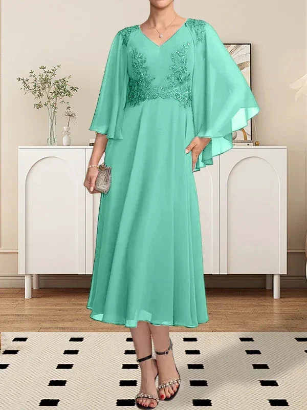 A-line V-Neck Tea-Length Chiffon Lace Mother of the Bride Dress With Beading Sequins - Image 26