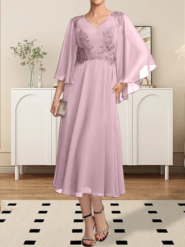 A-line V-Neck Tea-Length Chiffon Lace Mother of the Bride Dress With Beading Sequins - Image 28