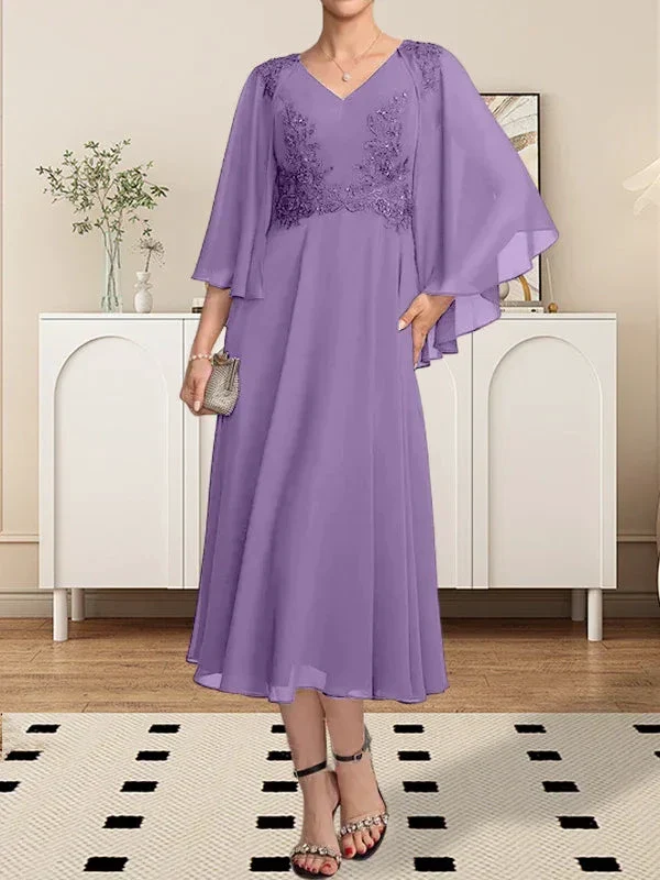 A-line V-Neck Tea-Length Chiffon Lace Mother of the Bride Dress With Beading Sequins - Image 29