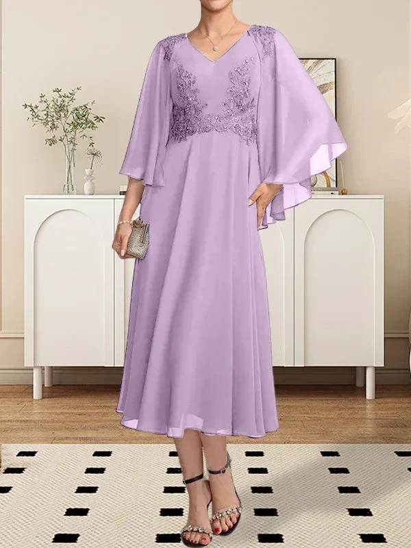 A-line V-Neck Tea-Length Chiffon Lace Mother of the Bride Dress With Beading Sequins - Image 30