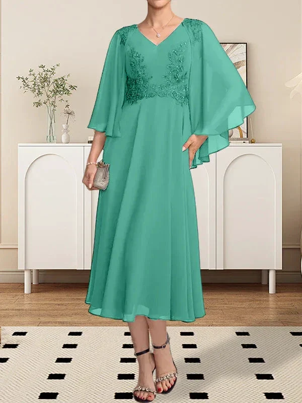 A-line V-Neck Tea-Length Chiffon Lace Mother of the Bride Dress With Beading Sequins - Image 31