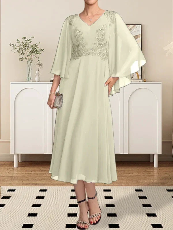 A-line V-Neck Tea-Length Chiffon Lace Mother of the Bride Dress With Beading Sequins - Image 32