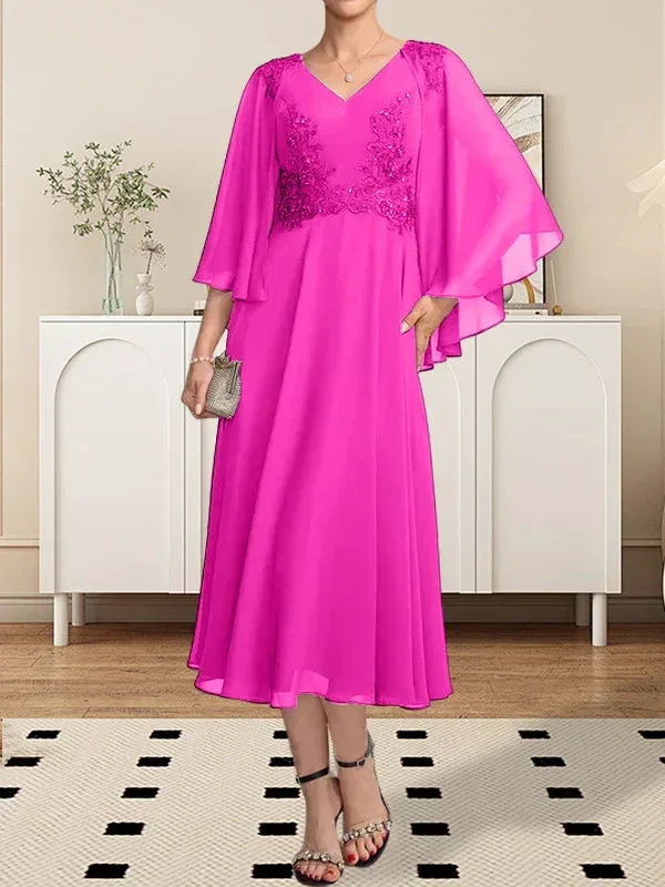 A-line V-Neck Tea-Length Chiffon Lace Mother of the Bride Dress With Beading Sequins - Image 33