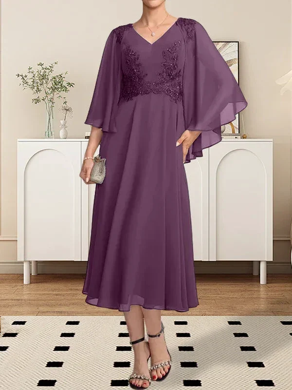 A-line V-Neck Tea-Length Chiffon Lace Mother of the Bride Dress With Beading Sequins - Image 34