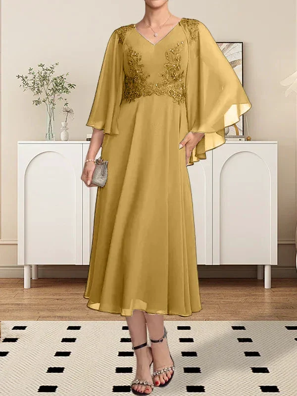 A-line V-Neck Tea-Length Chiffon Lace Mother of the Bride Dress With Beading Sequins - Image 35