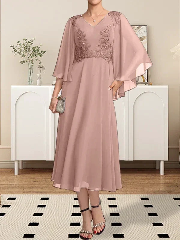A-line V-Neck Tea-Length Chiffon Lace Mother of the Bride Dress With Beading Sequins - Image 37
