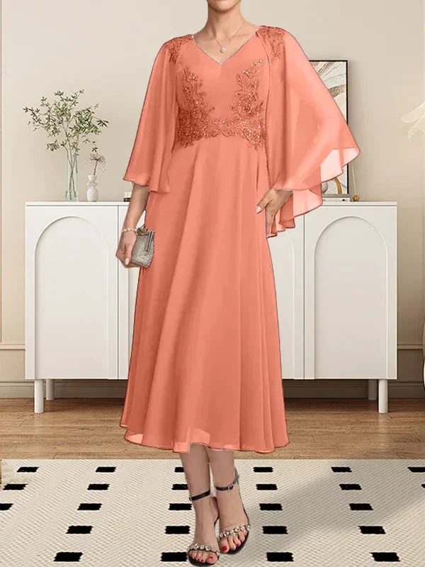 A-line V-Neck Tea-Length Chiffon Lace Mother of the Bride Dress With Beading Sequins - Image 38