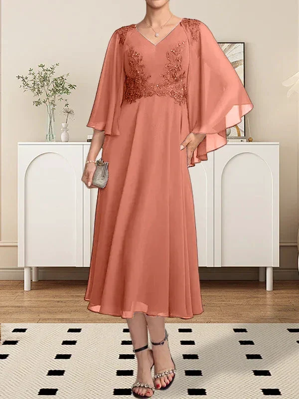A-line V-Neck Tea-Length Chiffon Lace Mother of the Bride Dress With Beading Sequins - Image 39