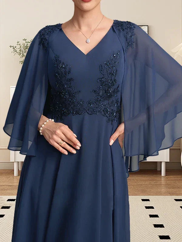 A-line V-Neck Tea-Length Chiffon Lace Mother of the Bride Dress With Beading Sequins - Image 4