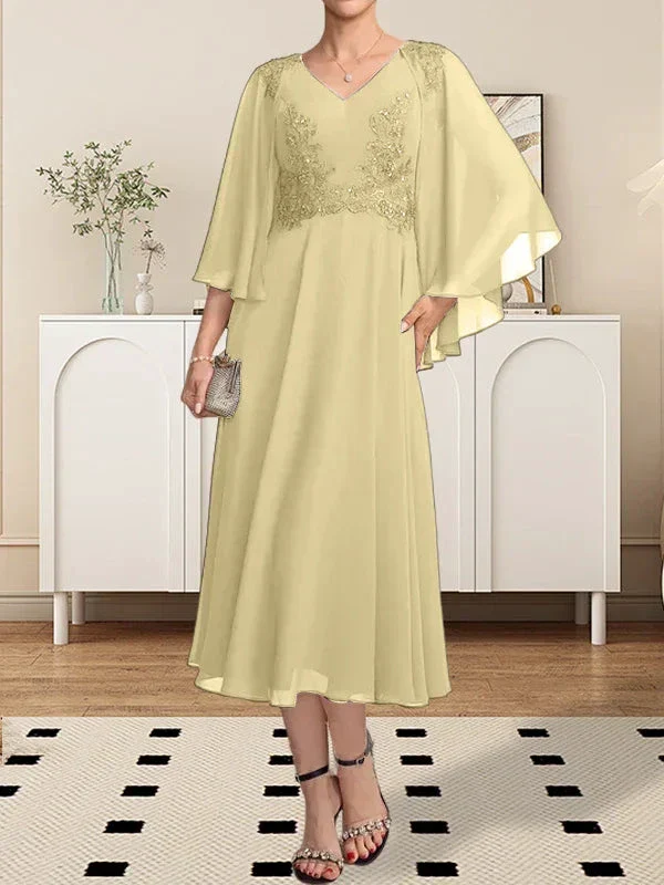 A-line V-Neck Tea-Length Chiffon Lace Mother of the Bride Dress With Beading Sequins - Image 40