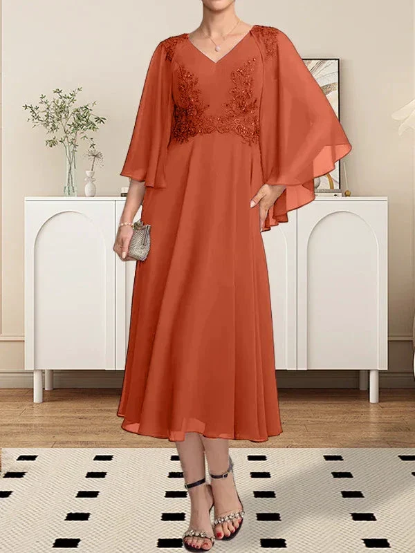 A-line V-Neck Tea-Length Chiffon Lace Mother of the Bride Dress With Beading Sequins - Image 41