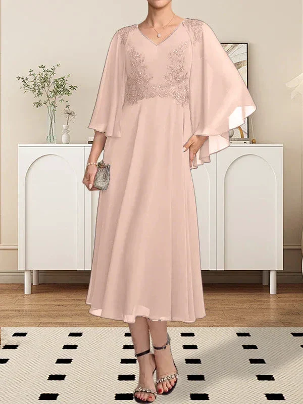 A-line V-Neck Tea-Length Chiffon Lace Mother of the Bride Dress With Beading Sequins - Image 42