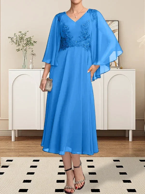 A-line V-Neck Tea-Length Chiffon Lace Mother of the Bride Dress With Beading Sequins - Image 43