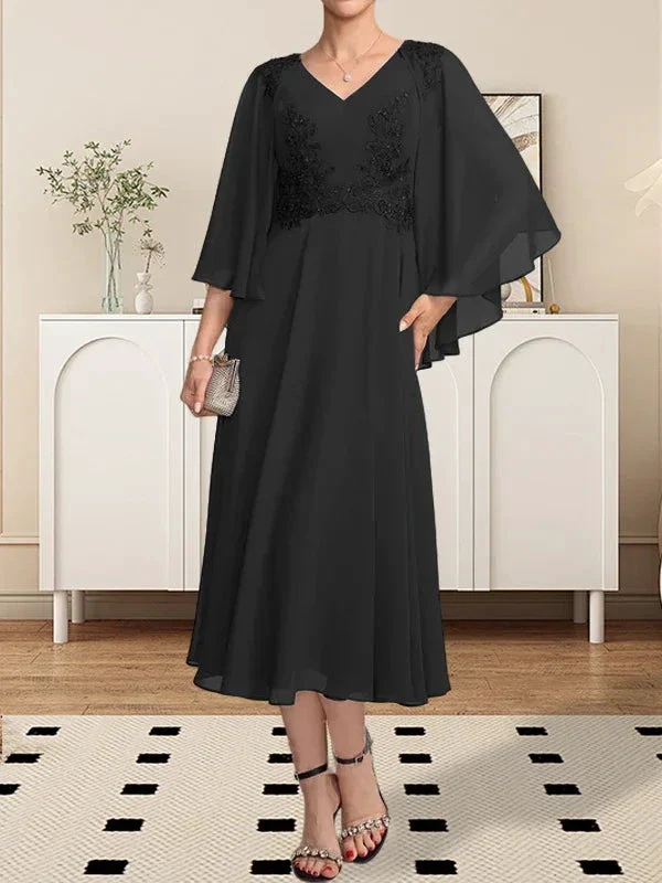 A-line V-Neck Tea-Length Chiffon Lace Mother of the Bride Dress With Beading Sequins - Image 44