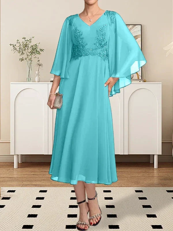 A-line V-Neck Tea-Length Chiffon Lace Mother of the Bride Dress With Beading Sequins - Image 45