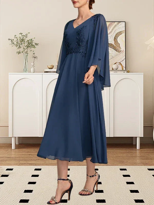 A-line V-Neck Tea-Length Chiffon Lace Mother of the Bride Dress With Beading Sequins - Image 5