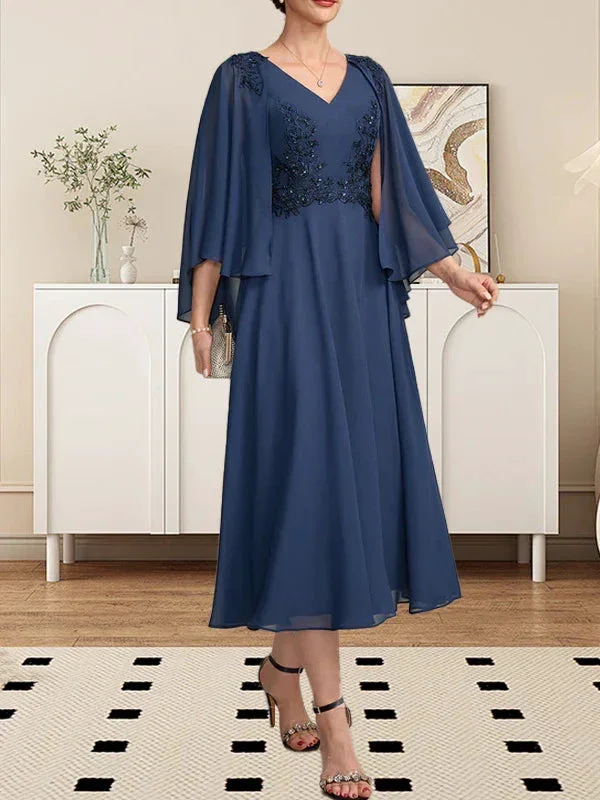 A-line V-Neck Tea-Length Chiffon Lace Mother of the Bride Dress With Beading Sequins - Image 6