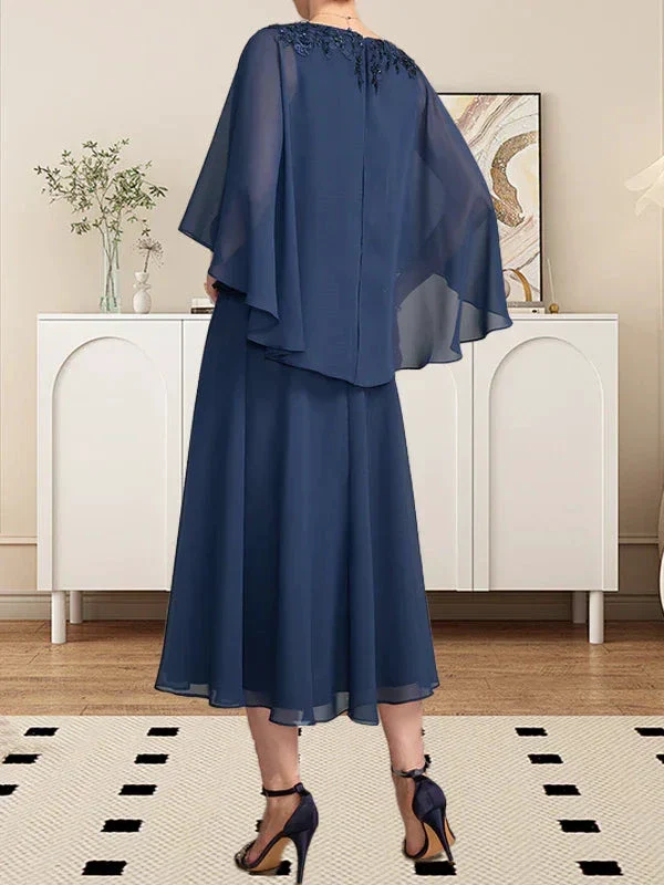 A-line V-Neck Tea-Length Chiffon Lace Mother of the Bride Dress With Beading Sequins - Image 7