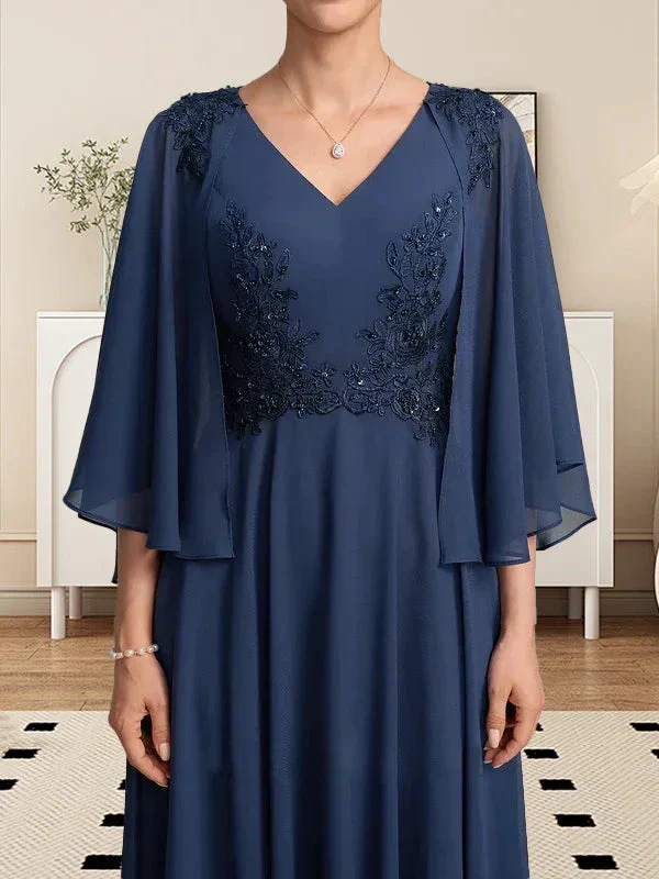 A-line V-Neck Tea-Length Chiffon Lace Mother of the Bride Dress With Beading Sequins - Image 8