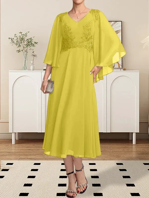 A-line V-Neck Tea-Length Chiffon Lace Mother of the Bride Dress With Beading Sequins - Image 9