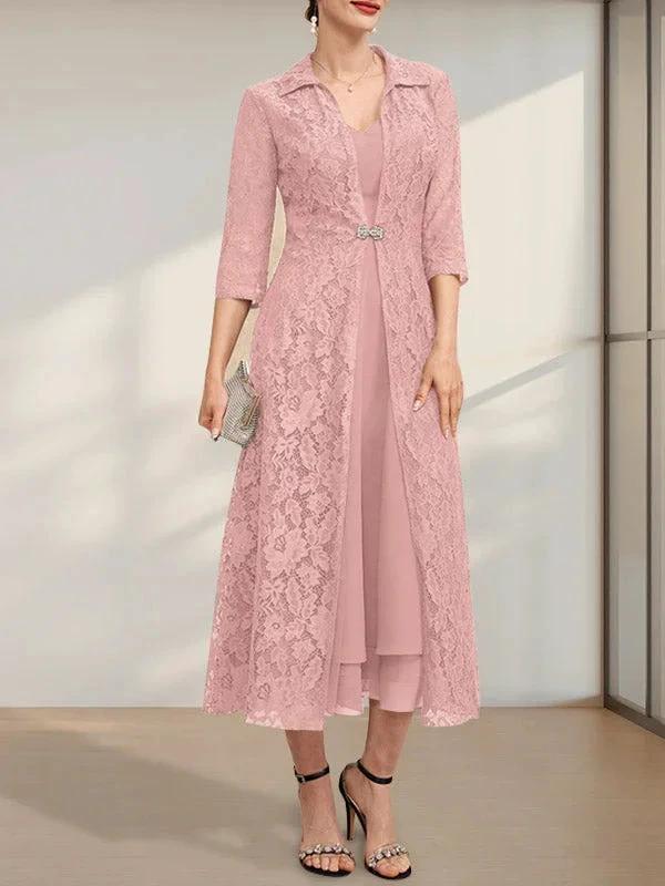 A-line V-Neck Tea-Length Chiffon Mother of the Bride Dress - Image 10