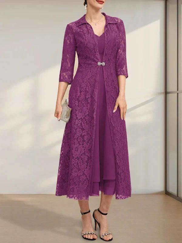 A-line V-Neck Tea-Length Chiffon Mother of the Bride Dress - Image 11