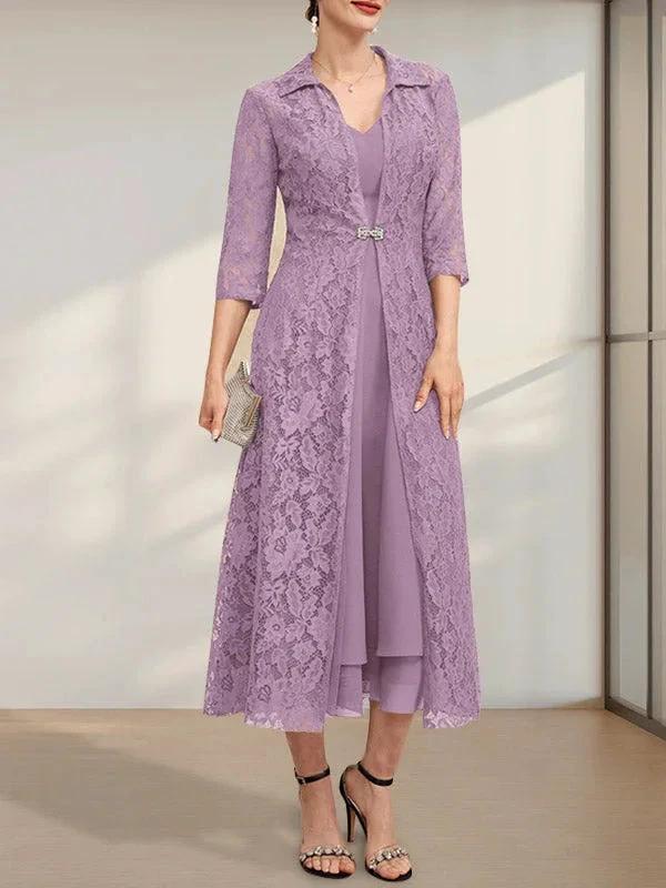 A-line V-Neck Tea-Length Chiffon Mother of the Bride Dress - Image 12