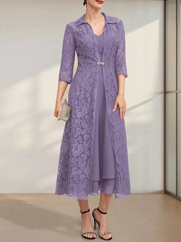 A-line V-Neck Tea-Length Chiffon Mother of the Bride Dress - Image 13