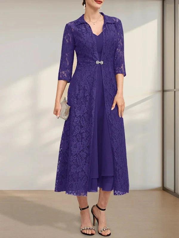 A-line V-Neck Tea-Length Chiffon Mother of the Bride Dress - Image 14