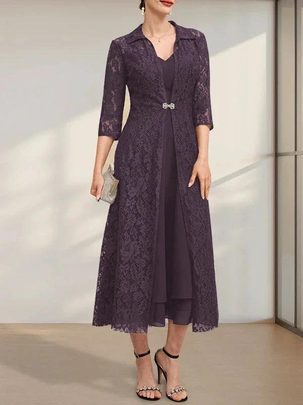 A-line V-Neck Tea-Length Chiffon Mother of the Bride Dress - Image 15