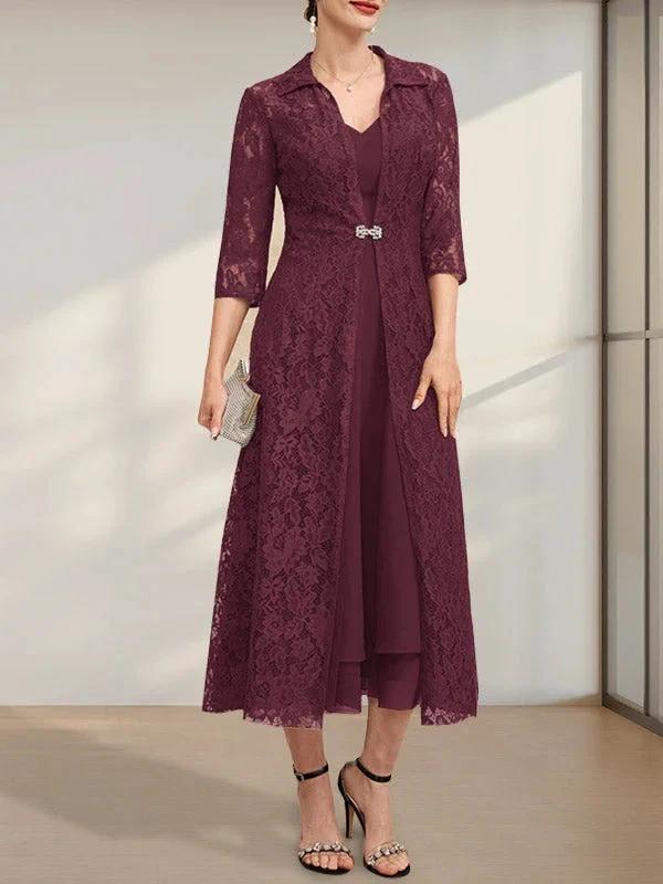 A-line V-Neck Tea-Length Chiffon Mother of the Bride Dress - Image 16